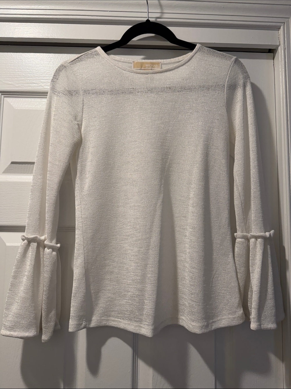 Michael Kors White Long Sleeve Ruffle-Cuff Knit Top